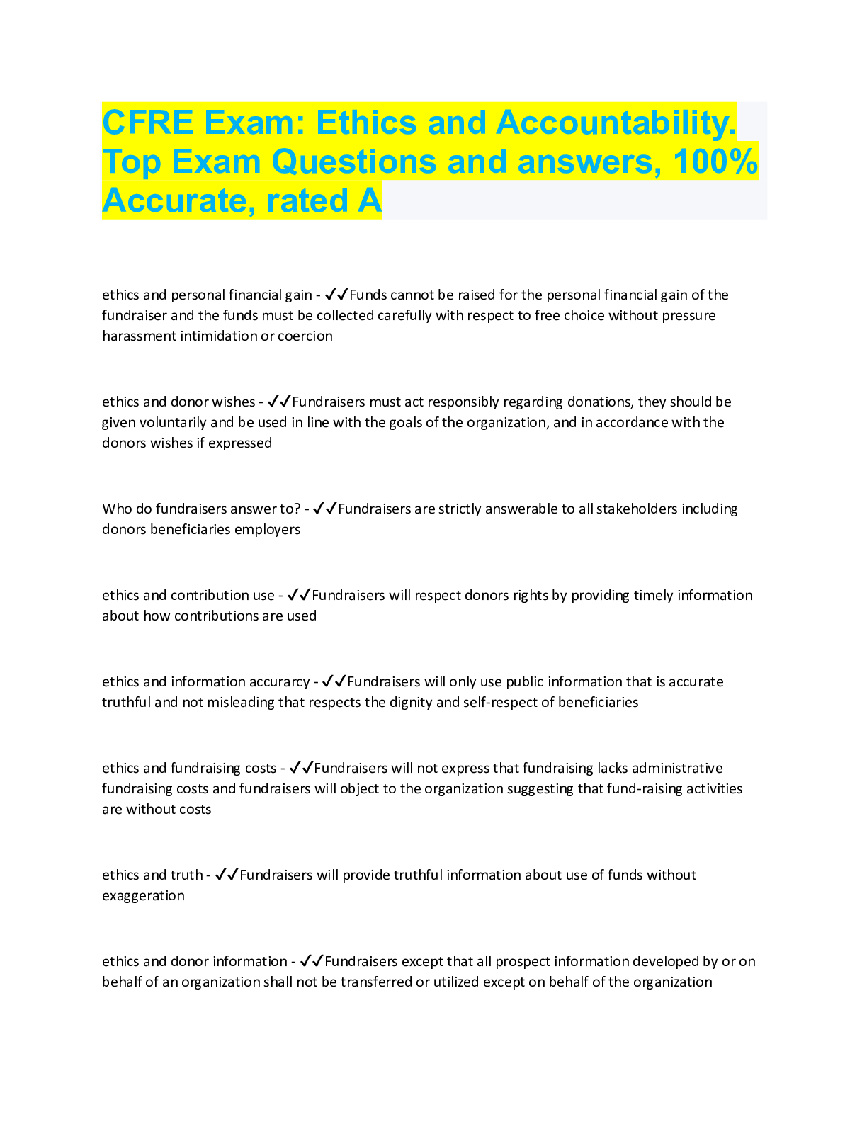 Preview image for CFRE Exam: Ethics and Accountability.  Top Exam Questions and answers, 100%  Accurate, rated A